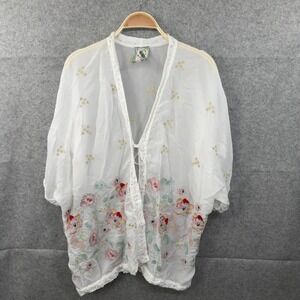 Johnny Was Elijah Floral Embroidered Kimono Eyelet Cardigan Sheer White Small